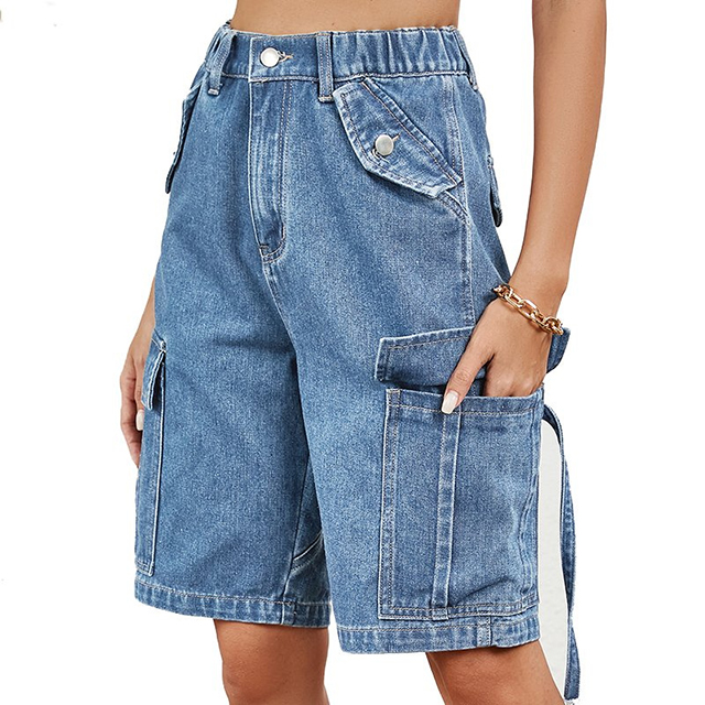 Women's Cotton Denim Washed Summer Casual Cargo Bermuda Shorts
