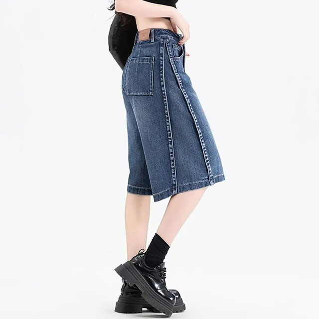 Women Summer High Waist Wide-Leg Denim Bermuda Shorts