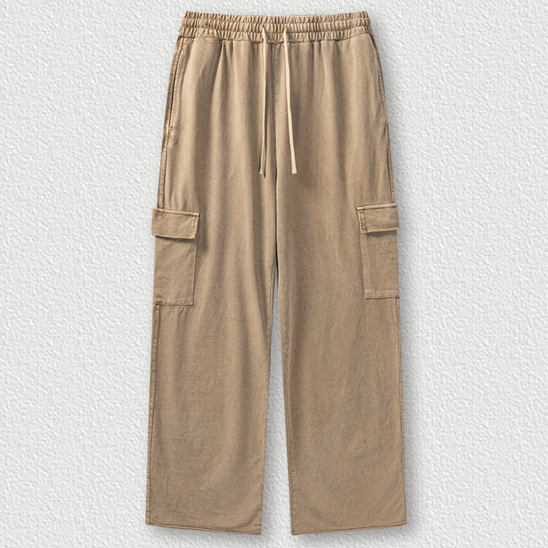 Men's Knit 5 Pockets Elastic Waist Loose Baggy Cotton Cargo Pants with Drawstring