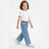 Girls Wash Blue Straight Wide Leg Elastic Waist Denim Jeans