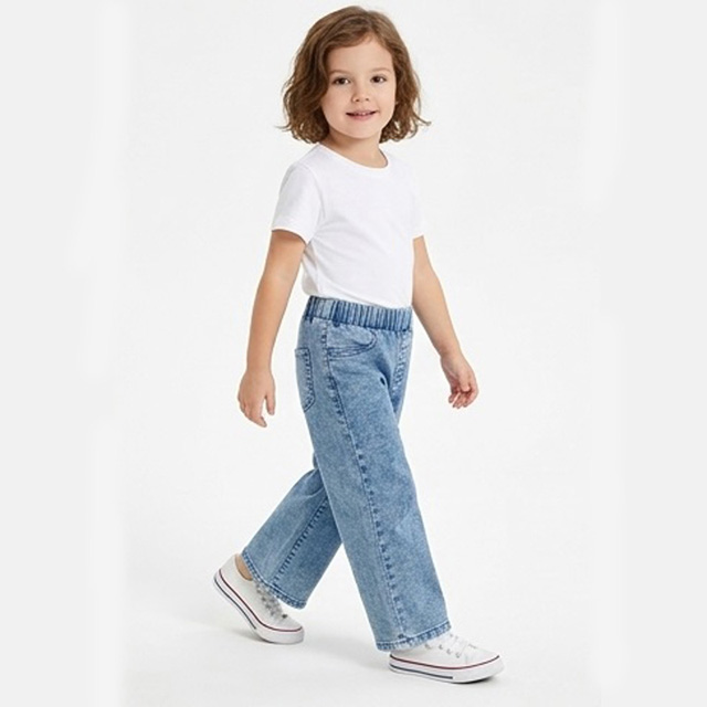 Girls Wash Blue Straight Wide Leg Elastic Waist Denim Jeans