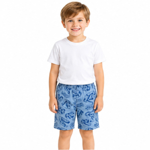 Summer Boys Loose Fit Elastic Waistband Blue Printed Cotton Shorts