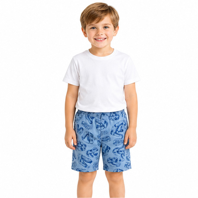 Summer Boys Loose Fit Elastic Waistband Blue Printed Cotton Shorts