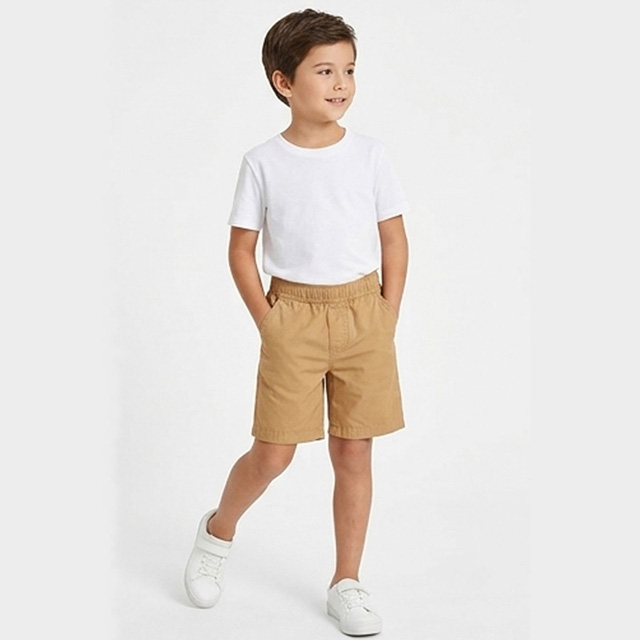 Boys Summer Elastic Waistband Cotton Twill Khaki Chino Shorts