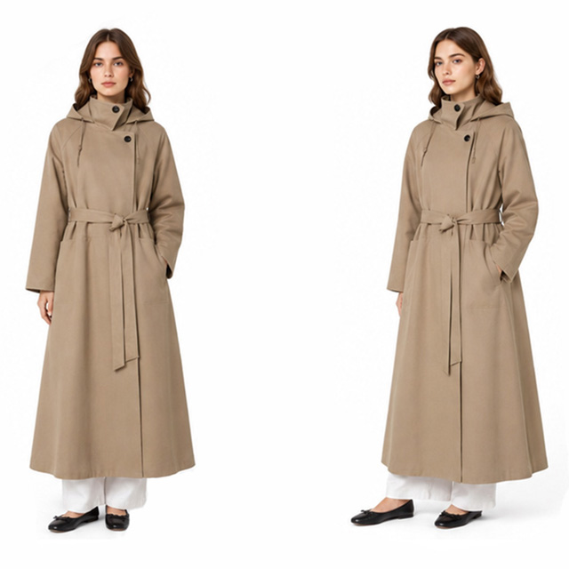 Ladies Hooded Fashion Minimalist Lace-up Khaki Long Trench Coat
