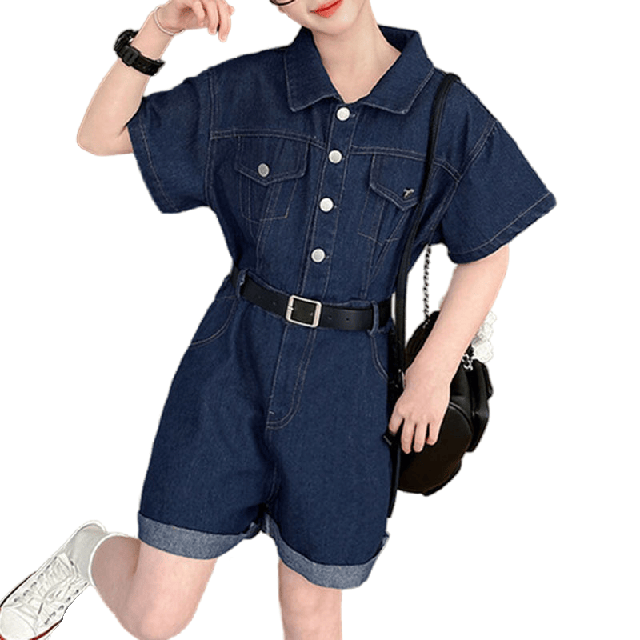 Girls' Summer Short Sleeve Wide-Leg Rolled Hem Shorts Denim Jumpsuit