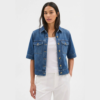 Women's Short Sleeve Button Front Cropped Cocoon Jean Shacket
