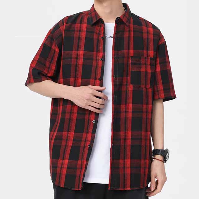 Men's Summer Breathable Custom Loose Short Sleeve Plaid Shirt