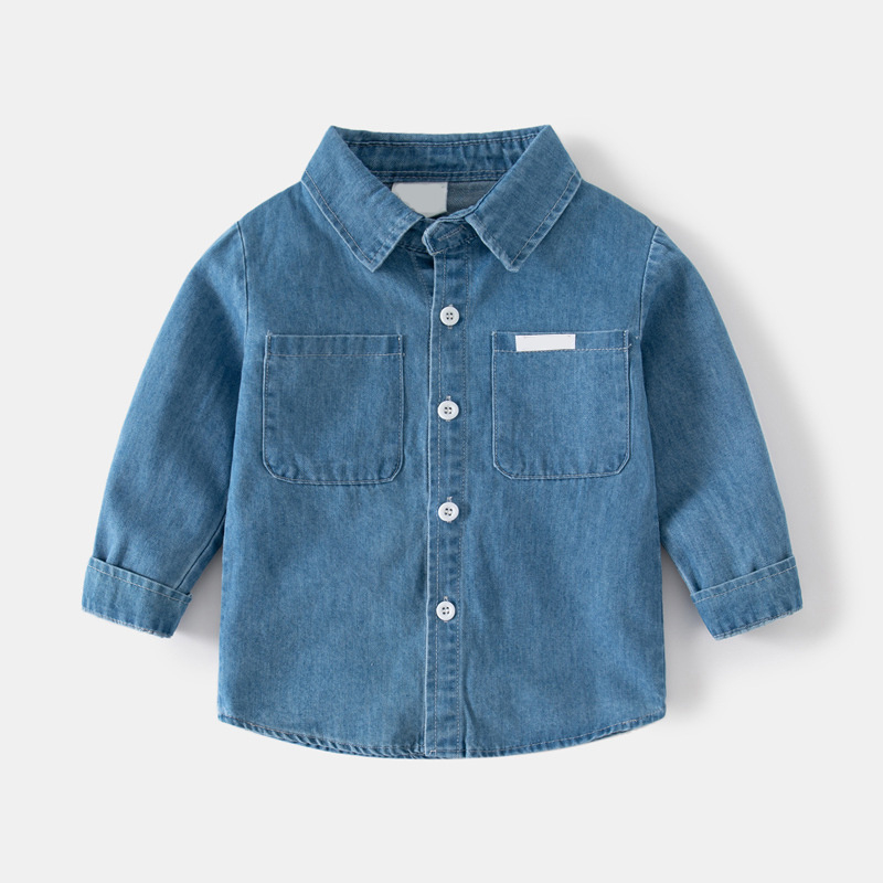 Boy's Casual Versatile Tops Kids Cotton Denim Long Sleeve Lapel Button Shirt