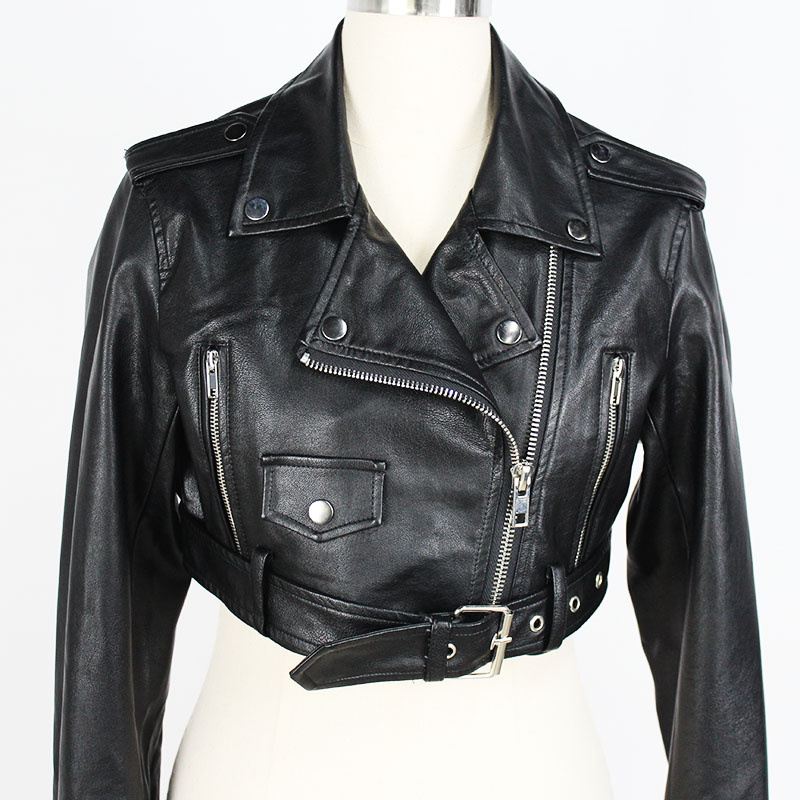 Women's Fashion Custom Windproof Zipper PU Leather Motorcycle Cropped Jacket
