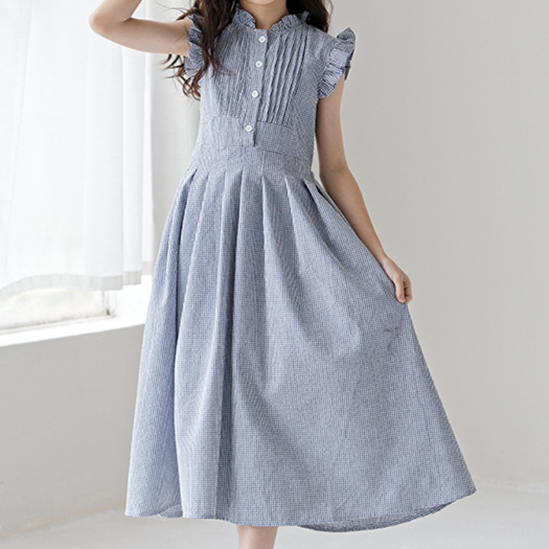 Girls Summer Plaid Ruffle Sleeveless Sweet Princess Kids Pleated Dress