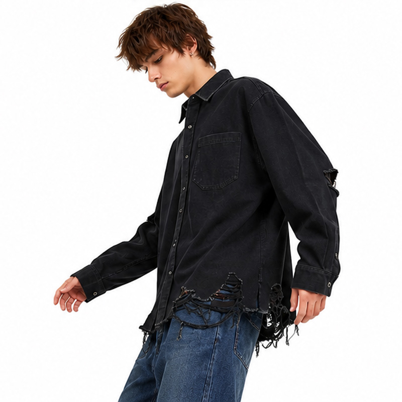 Men's Fashion Cotton Washed Denim Ripped Long Sleeve Shirt