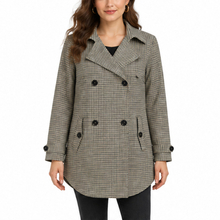 Women's Houndstooth Patchwork Double-Breasted A-Line Loose Fit Trench Coat