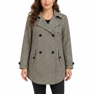 Women's Houndstooth Patchwork Double-Breasted A-Line Loose Fit Trench Coat