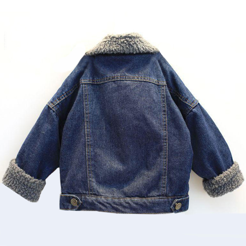 Children Winter Windproof Washed Denim Coat Warm Jeans Jacket with Sherpa Lining