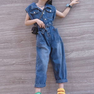 Girls Summer Short Sleeve Long Pants Button Overalls Washed Denim Loose Jumpsuit