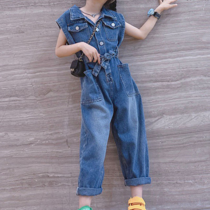 Girls Summer Short Sleeve Long Pants Button Overalls Washed Denim Loose Jumpsuit