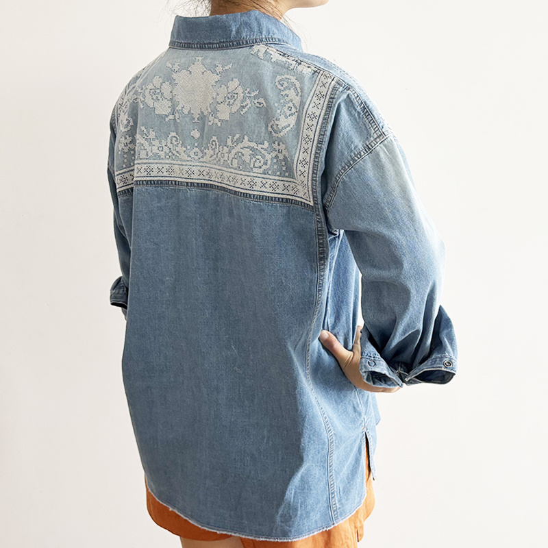 Women's Vintage Customized Embroidery Loose Fit Long Sleeve Casual Denim Button Shirt
