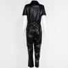 Women's Black PU Leather Button Front Short Sleeve Lapel Jumpsuit