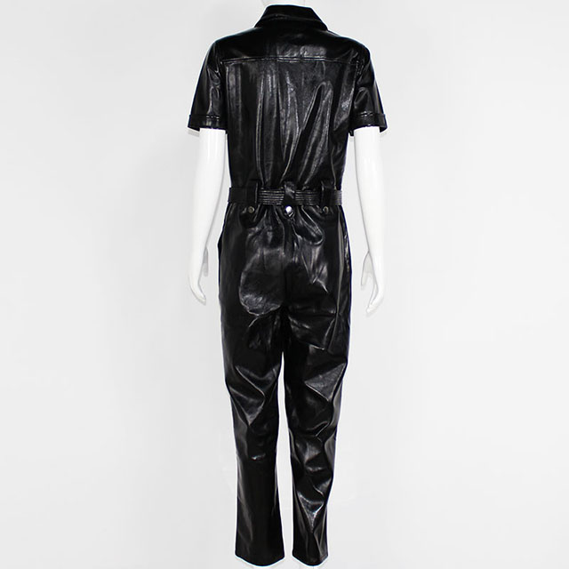 Women's Black PU Leather Button Front Short Sleeve Lapel Jumpsuit
