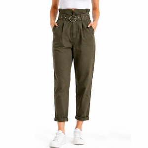 Women's Cotton Ruffle High Rise Cropped Harem Pants with Belt