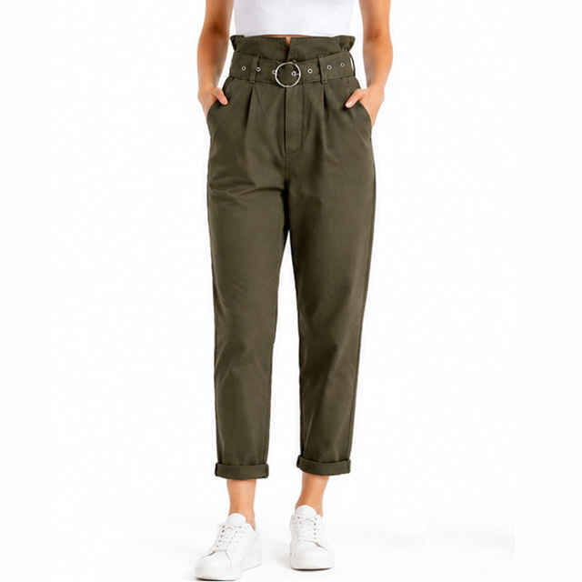 Women's Cotton Ruffle High Rise Cropped Harem Pants with Belt