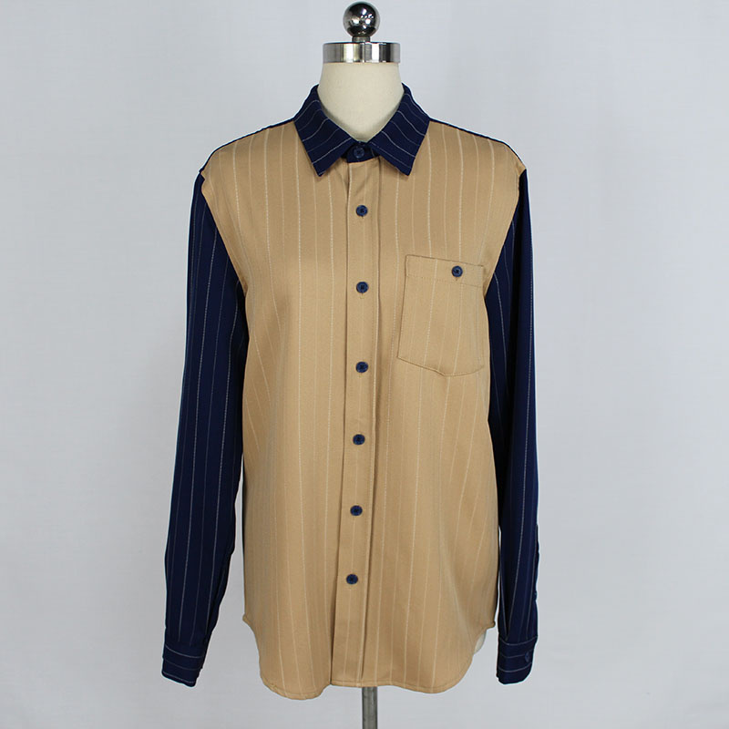 Women's Contrast Color Patchwork Blouse Poly Strip Fabric Long Sleeve Button Shirt
