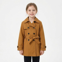 Girls Double-Breasted Cotton Windbreaker Trench Coat with Waistband