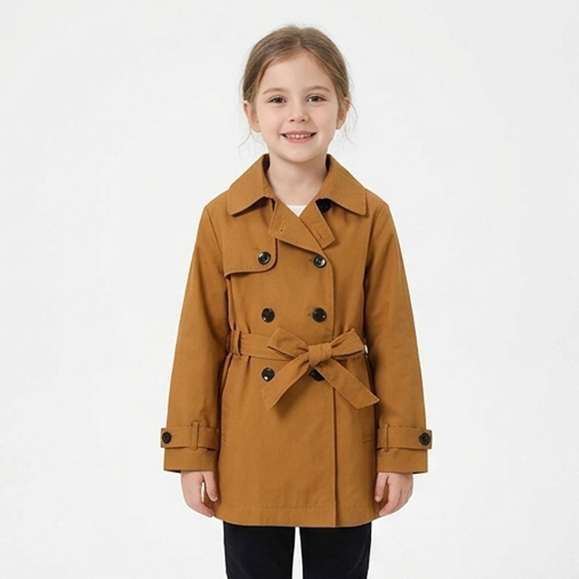 Girls Double-Breasted Cotton Windbreaker Trench Coat with Waistband
