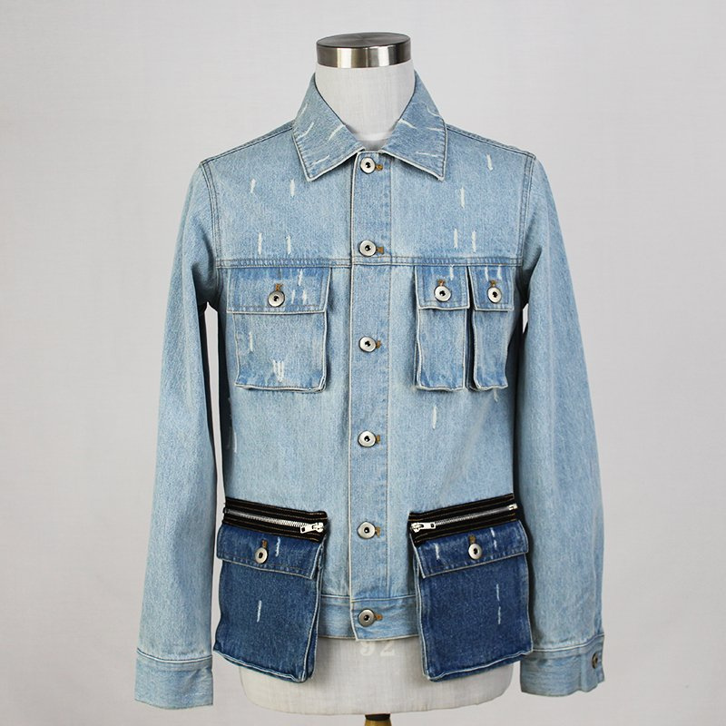 Men's Contrast Color Washed Denim Multi-Pocket Cargo Work Jacket