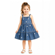 Girls Summer Floral Embroidery Square Neck Tiered Denim Sundress