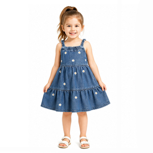 Girls Summer Floral Embroidery Square Neck Tiered Denim Sundress