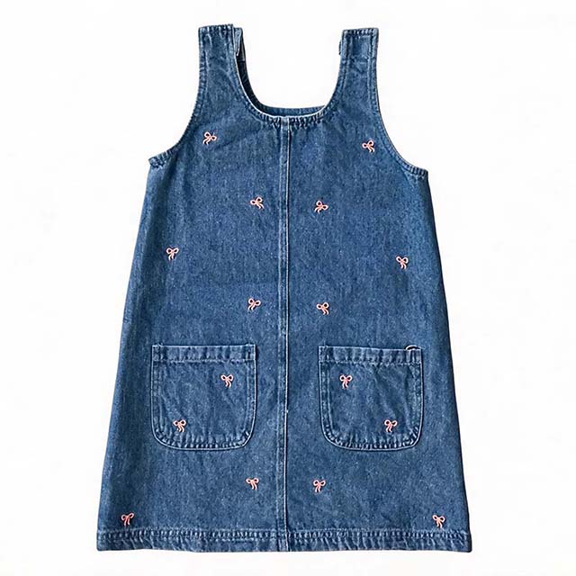 Girls Sleeveless Round Neck Embroidered Straight Denim Dress