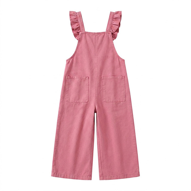 Girls Pink Cotton Ruffle Strap Wide Leg Casual Overalls