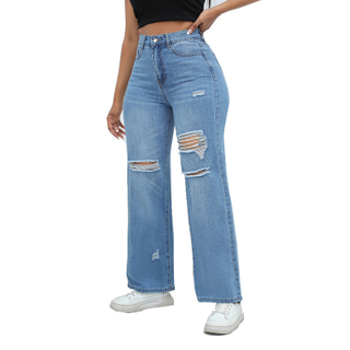 Wholesale Women Fashion Monkey Washed Destroyed Denim Pants Ripped Straight Jeans