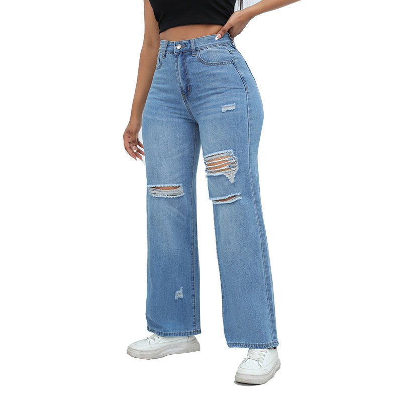 Wholesale Women Fashion Monkey Washed Destroyed Denim Pants Ripped Straight Jeans