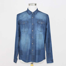 Men's Custom Print Blue Washed Long Sleeve Denim Shirt
