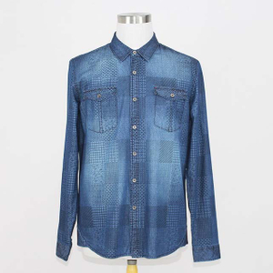 Men's Custom Print Blue Washed Long Sleeve Denim Shirt