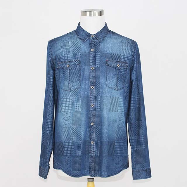 Men's Custom Print Blue Washed Long Sleeve Denim Shirt