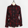 Women's Fashion Button Flannel Long Sleeve Fringed Plaid Shirt with Belt