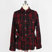 Women's Fashion Button Flannel Long Sleeve Fringed Plaid Shirt with Belt