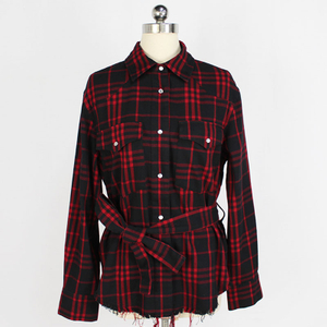 Women's Fashion Button Flannel Long Sleeve Fringed Plaid Shirt with Belt