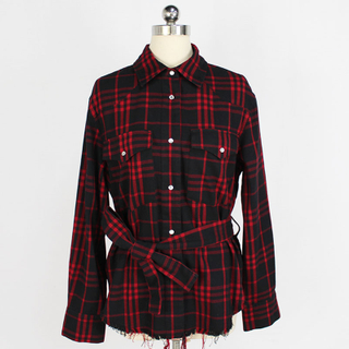 Women's Fashion Button Flannel Long Sleeve Fringed Plaid Shirt with Belt