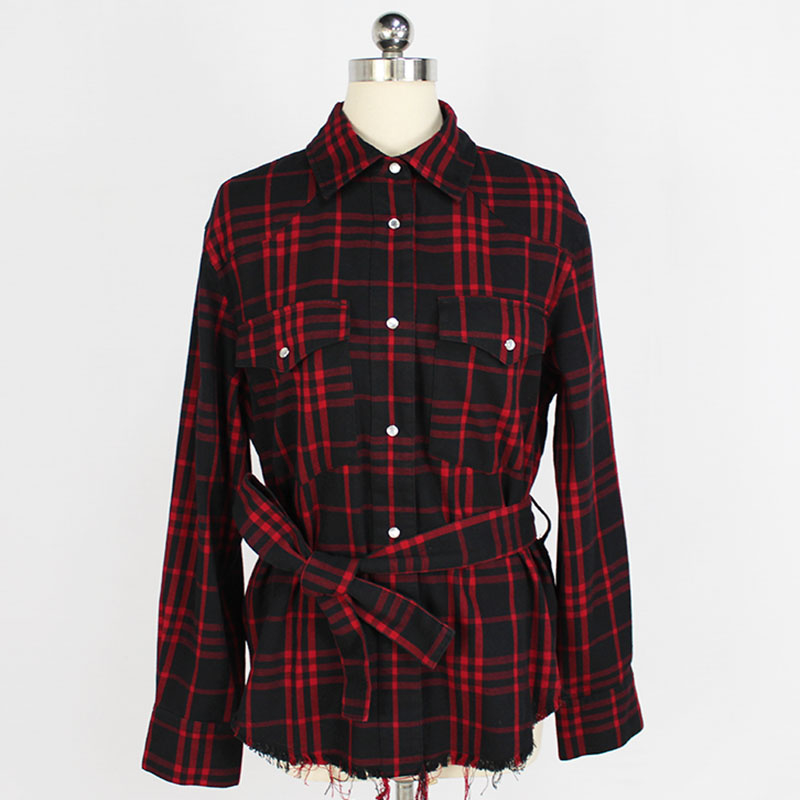 Women's Fashion Button Flannel Long Sleeve Fringed Plaid Shirt with Belt