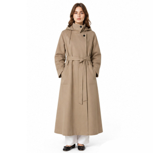 Ladies Hooded Fashion Minimalist Lace-up Khaki Long Trench Coat