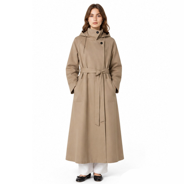 Ladies Hooded Fashion Minimalist Lace-up Khaki Long Trench Coat