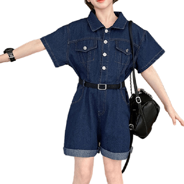Girls' Summer Short Sleeve Wide-Leg Rolled Hem Shorts Denim Jumpsuit