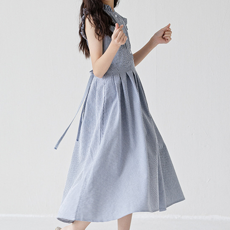 Girls Summer Plaid Ruffle Sleeveless Sweet Princess Kids Pleated Dress
