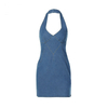 Ladies Sleeveless V-Neck Sexy Girdling Openwork Bodycon Denim Party Dress