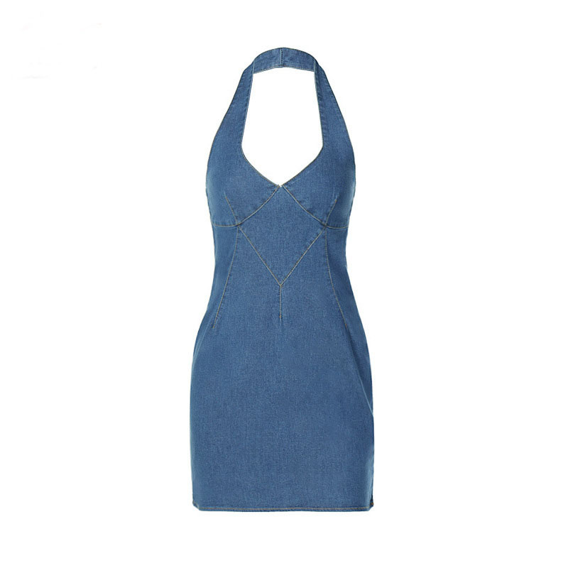 Ladies Sleeveless V-Neck Sexy Girdling Openwork Bodycon Denim Party Dress